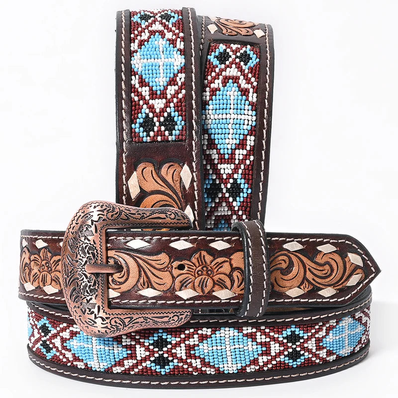 Beaded belt with buckstitch accents.